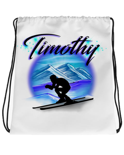 G015 Digitally Airbrush Painted Personalized Custom Skier ski silhouette party Theme gift painting name winter Olympic Sport Drawstring Backpack