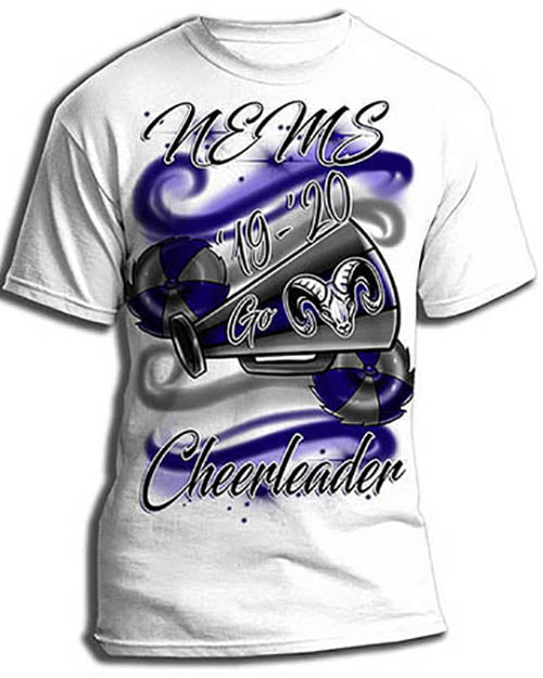 G037 Personalized Airbrushed Megaphone and Pom Pom Kids and Adult Tee Shirt
