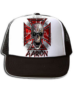 H007 Personalized Airbrushed Wicked Skull Maltese Cross Snapback Trucker Hat