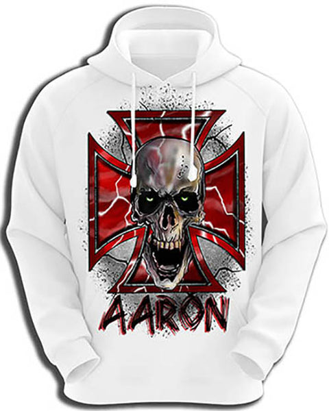 H007 Personalized Airbrushed Wicked Skull Maltese Cross Hoodie Sweatshirt