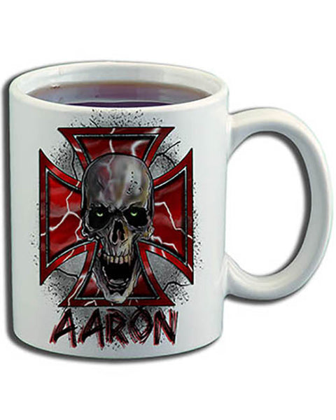 H007 Personalized Airbrushed Wicked Skull Maltese Cross Ceramic Coffee Mug