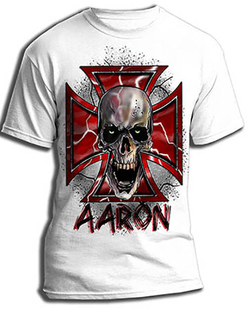 H007 Personalized Airbrushed Wicked Skull Maltese Cross Tee Shirt
