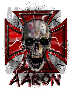H007 Personalized Airbrushed Wicked Skull Maltese Cross Tee Shirt