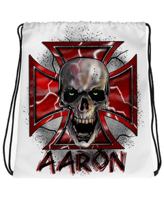 H007 Digitally Airbrush Painted Personalized Custom Maltese Cross Wicked Skull  Drawstring Backpack