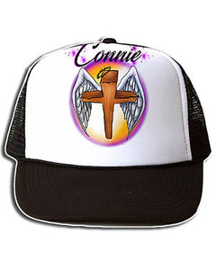 H010 Personalized Airbrushed Angel Wings Christian Cross Snapback Trucker Hat