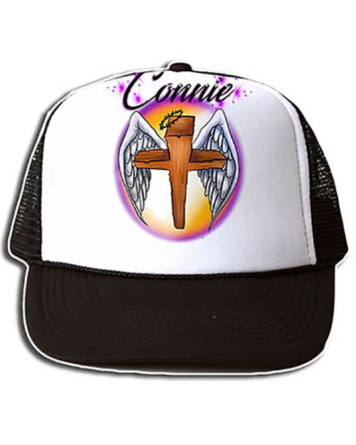 H010 Personalized Airbrushed Angel Wings Christian Cross Snapback Trucker Hat