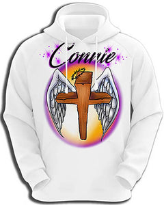 H010 Personalized Airbrushed Angel Wings Christian Cross Hoodie Sweatshirt