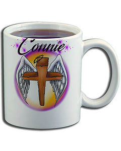 H010 Personalized Airbrushed Angel Wings Christian Cross Ceramic Coffee Mug