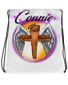 H010 Digitally Airbrush Painted Personalized Custom Christian Cross Jesus angel wings religious Theme gift set name bday event Drawstring Backpack