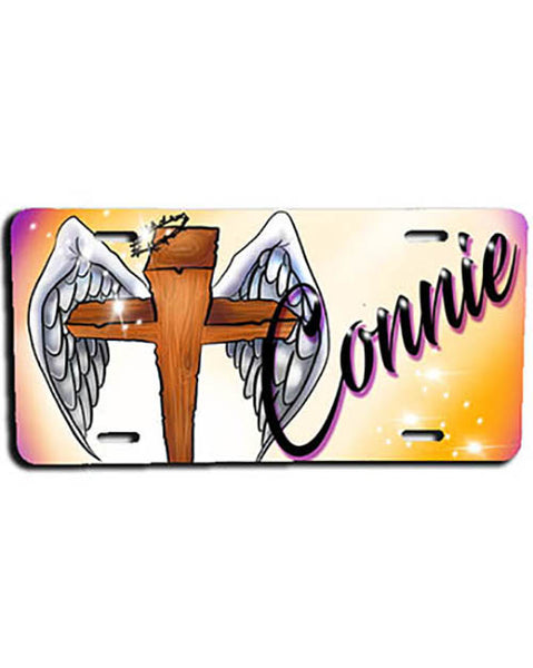 H010 Personalized Airbrushed Angel Wings Christian Cross License Plate Tag