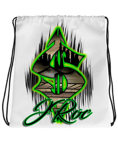 H012 Digitally Airbrush Painted Personalized Custom Dollar Sign Urban City scene  Drawstring Backpack