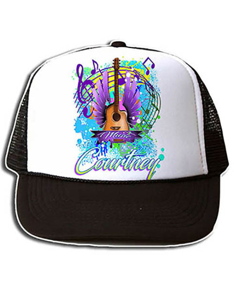 H047 Personalized Airbrushed Guitar Music Notes Snapback Trucker Hat