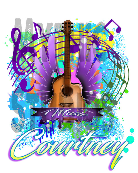 H047 Personalized Airbrushed Guitar Music Notes Tee Shirt