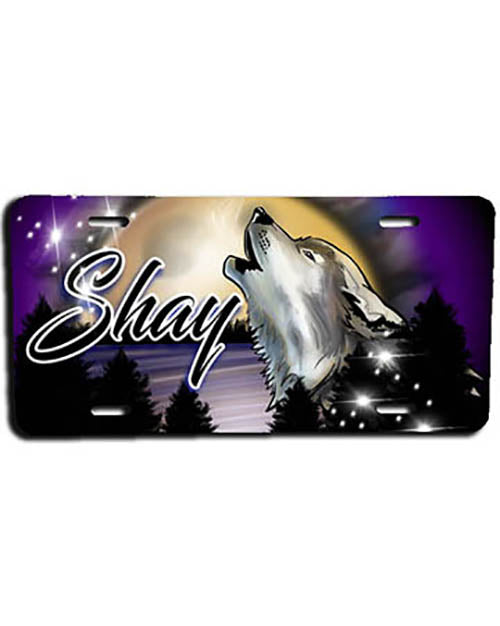 I011 Personalized Airbrush Howling Wolf License Plate Tag