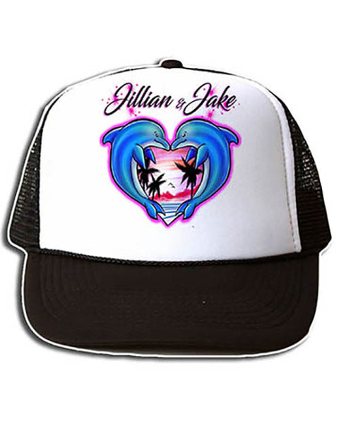 I018 Personalized Airbrush Dolphin Heart Snapback Trucker Hat