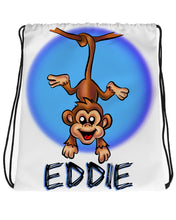 I016 Digitally Airbrush Painted Personalized Custom monkey hanging from tree cartoon  Drawstring Backpack