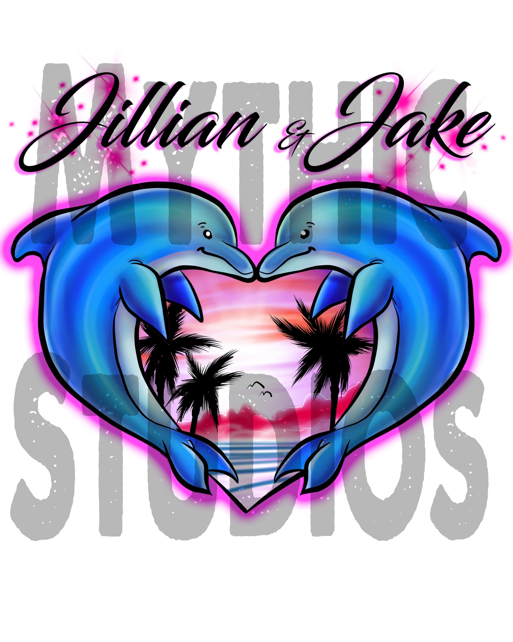 I018 Personalized Airbrush Dolphin Heart Tee Shirt – Mythic Airbrush