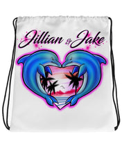 I018 Digitally Airbrush Painted Personalized Custom dolphin heart beach scene palm tree painting Drawstring Backpack