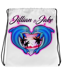 I018 Digitally Airbrush Painted Personalized Custom dolphin heart beach scene palm tree painting Drawstring Backpack