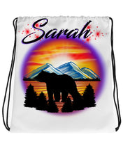 I020 Digitally Airbrush Painted Personalized Custom bear silhouette mountain sunset Drawstring Backpack