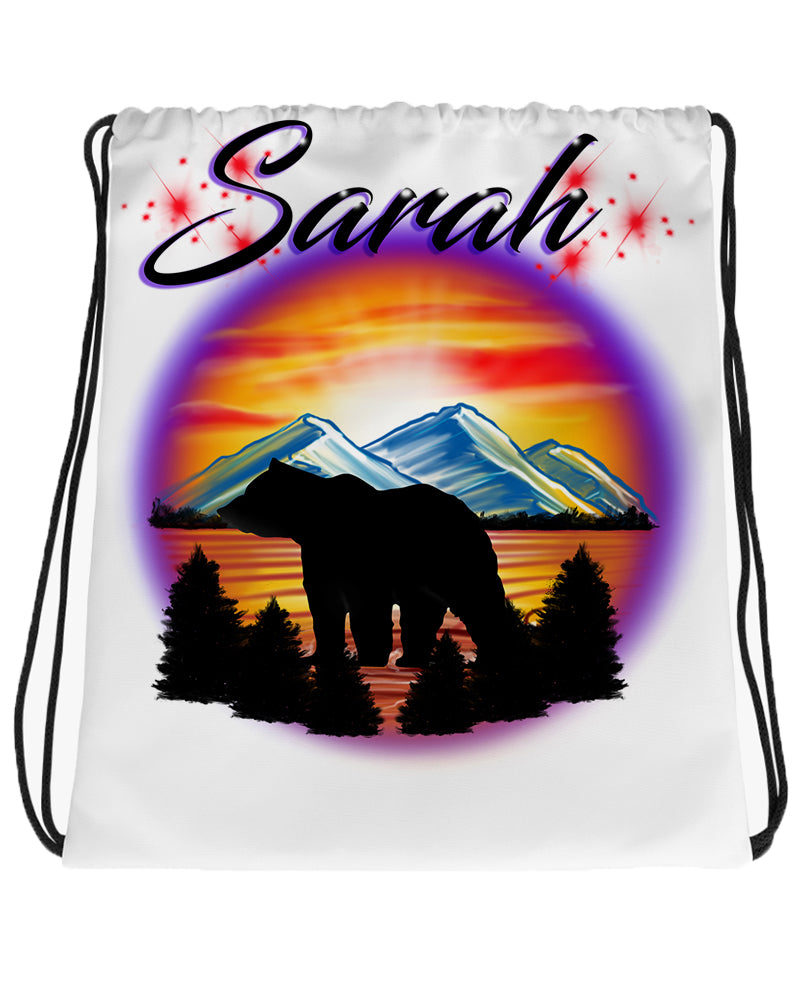 I020 Digitally Airbrush Painted Personalized Custom bear silhouette mountain sunset Drawstring Backpack