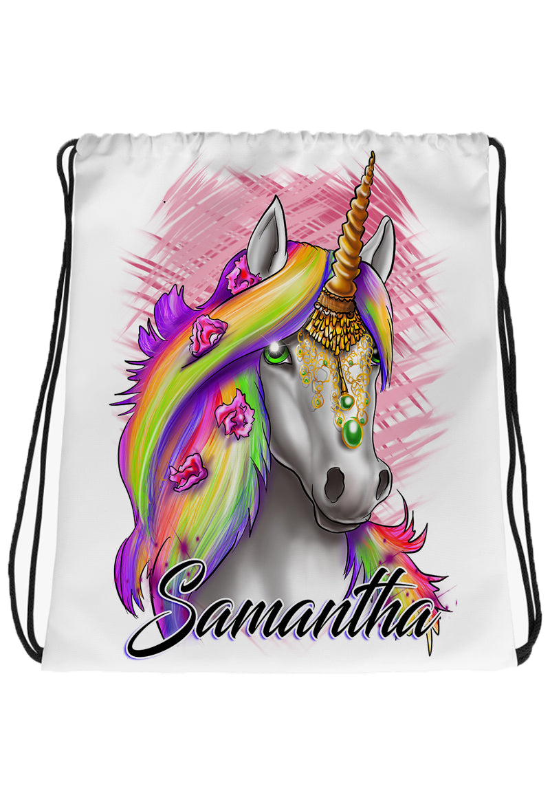 I032 Digitally Airbrush Painted Personalized Custom Unicorn Rainbow cartoon Drawstring Backpack