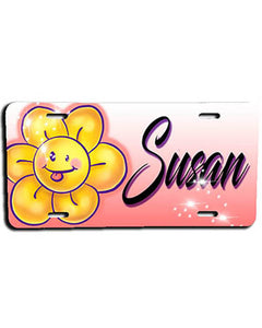 B034 Personalized Airbrush Flower Smiley License Plate Tag