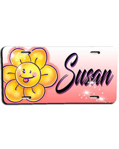 B034 Personalized Airbrush Flower Smiley License Plate Tag