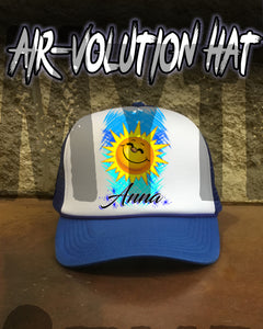 B146 Personalized Airbrush Sunshine Smiley Snapback Trucker Hat