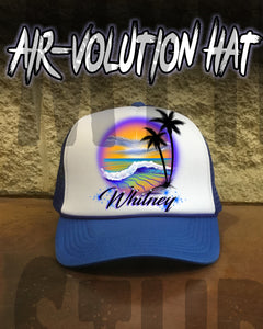 E004 Personalized Airbrush Beach Scene Snapback Trucker Hat