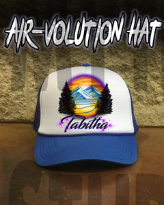 E008 Personalized Airbrush Mountain Scene Snapback Trucker Hat