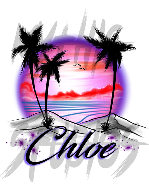 E009 Digitally Airbrush Painted Personalized Custom Sunset Beach Water Scene Drawstring Backpack Colorful Palm tree Landscape party Couples Theme gift