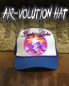 E014 Personalized Airbrush Sunset Mountain Landscape Snapback Trucker Hat