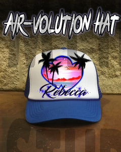 E018 Personalized Airbrush Heart Beach Landscape Snapback Trucker Hat