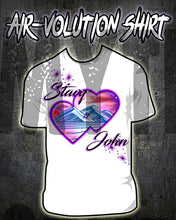 E019 custom personalized airbrush Hearts Mountain sunset Scene Tee Shirt