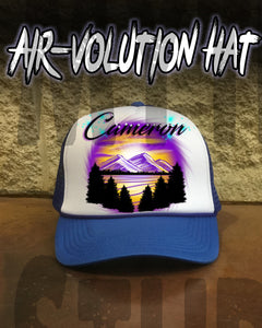 E023 Personalized Airbrush Mountain Sunset Landscape Snapback Trucker Hat
