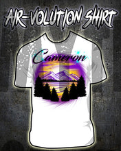 E023 custom personalized airbrush Mountains sunset Trees Scene Tee Shirt