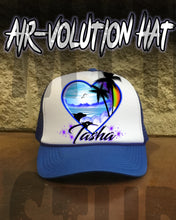 E024 Personalized Airbrush Dolphins Heart Landscape Snapback Trucker Hat