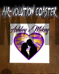E027 Personalized Airbrush Couple Silhouette Heart Landscape Ceramic Coaster