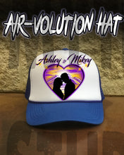 E027 Personalized Airbrush Couple Silhouette Heart Landscape Snapback Trucker Hat