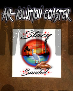E034 Personalized Airbrush  LightHouse Beach Ceramic Coaster