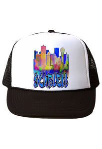 E038 Digitally Airbrush Painted Personalized Custom Urban City Building Landscape    Snapback Trucker Hats