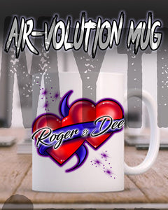 F001 Personalized Airbrushed Hearts and Ribbon Ceramic Coffee Mug