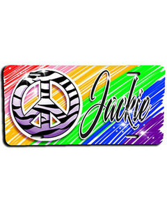 F026 Personalized Airbrushed Zebra Peace Sign License Plate Tag