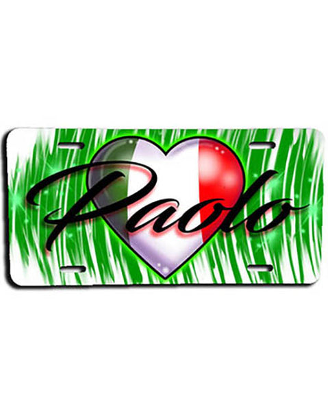 F032 Personalized Airbrushed Italian Flag Heart License Plate Tag