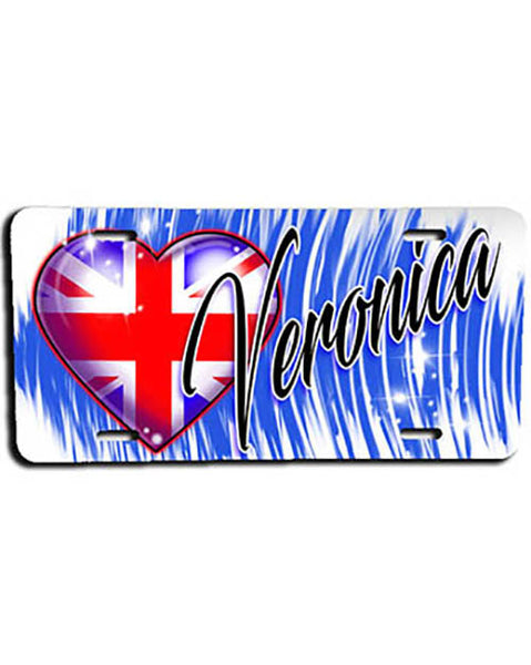 F033 Personalized Airbrushed British Flag Heart License Plate Tag