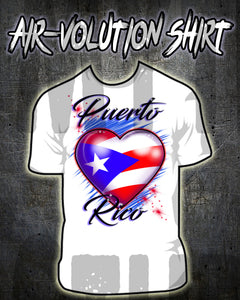 F034 Personalized Airbrushed Puerto Rico Flag Heart Tee Shirt