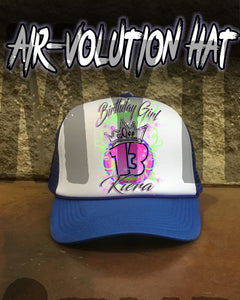 F037 Personalized Airbrushed Birthday Girl Crown Snapback Trucker Hat