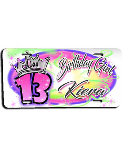 F037 Personalized Airbrushed Birthday Girl Crown License Plate Tag