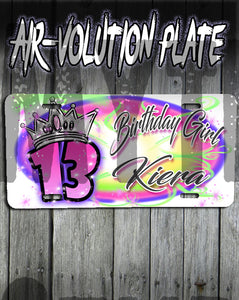 F037 Personalized Airbrushed Birthday Girl Crown License Plate Tag